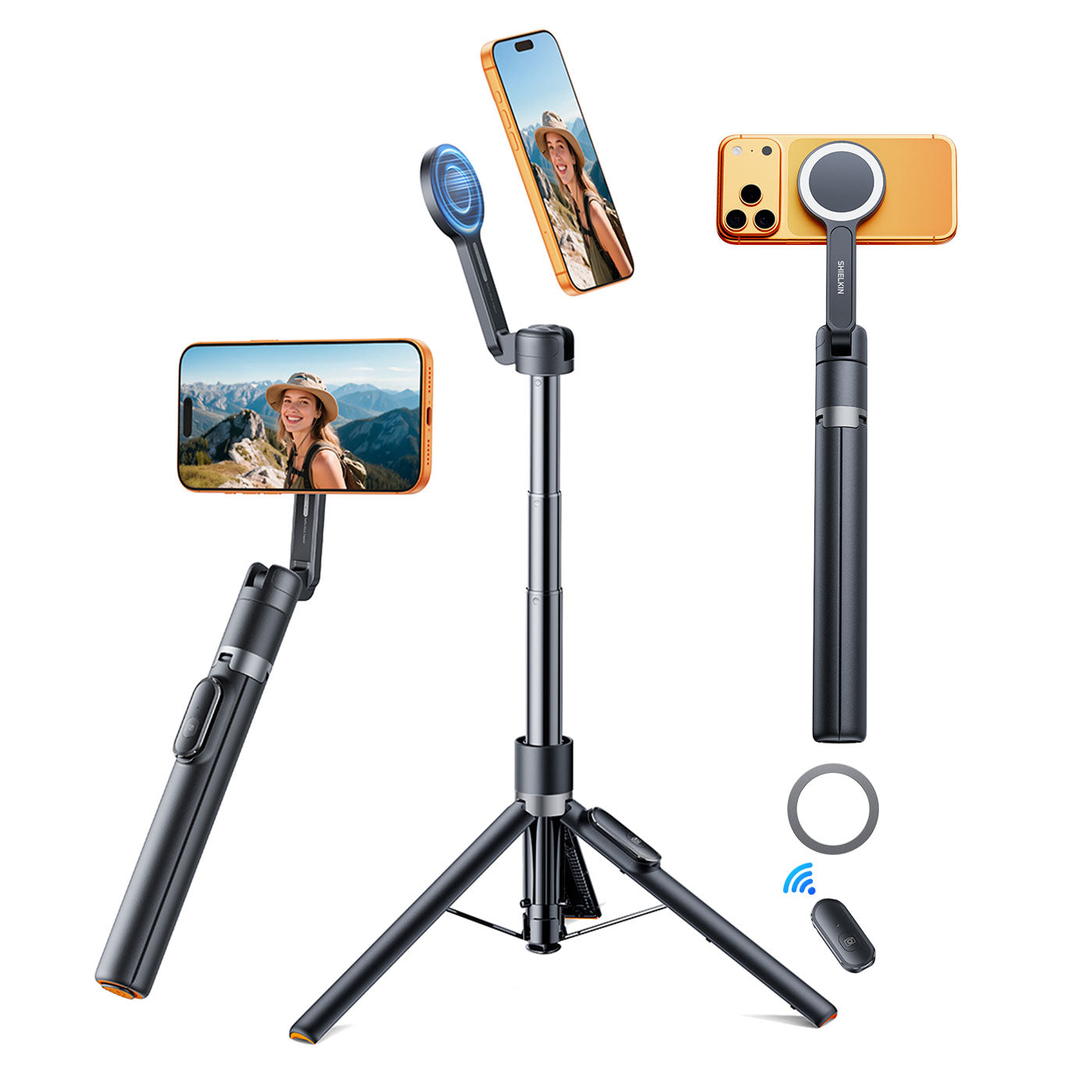 SHIELKIN Magnetic Selfie Stick Tripod for iPhone, 66.3” Phone Tripod for Magsafe, Travel Phone Stand with Remote for iPhone 12 13 14 15 16 17 Pro Max Black