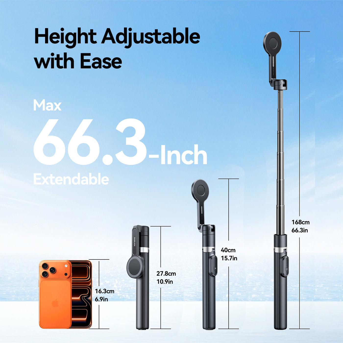 SHIELKIN Magnetic Selfie Stick Tripod for iPhone, 66.3” Phone Tripod for Magsafe, Travel Phone Stand with Remote for iPhone 12 13 14 15 16 17 Pro Max Black